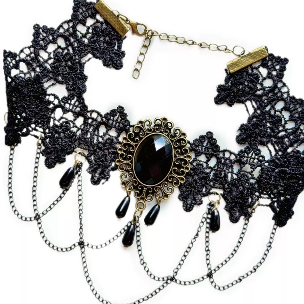 New Vintage Choker Necklace Black Sapphire Gothic in box - Picture 4 of 9